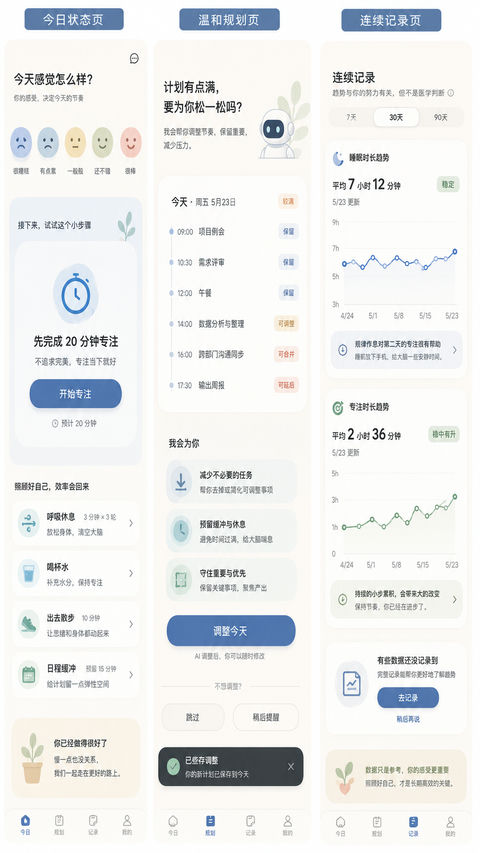 轻疗愈AI生活助手职场减压高保真UI设计 - AI图片提示词示例