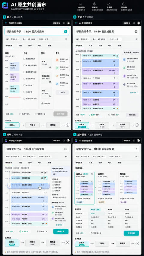 创意工作者专属 AI 原生共创画布 UI 设计 - AI图片提示词示例