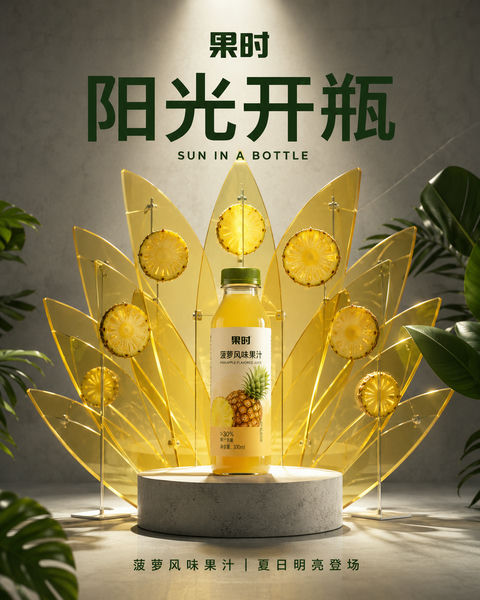 夏日艺术感菠萝果汁创意装置海报 - AI图片提示词示例