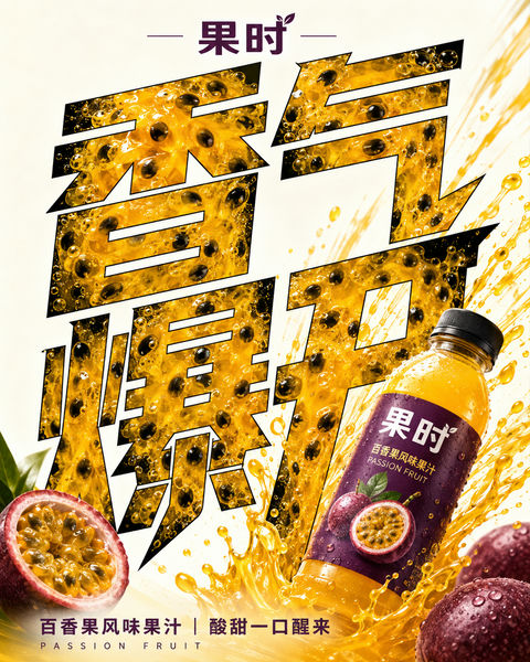 香气爆开百香果汁创意海报 - AI图片提示词示例