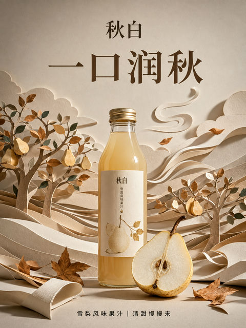 意境秋季雪梨汁纸雕商业艺术海报 - AI图片提示词示例