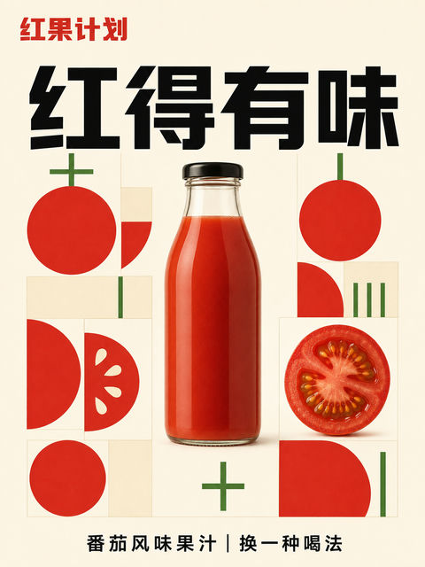 包豪斯几何极简番茄汁海报设计 - AI图片提示词示例