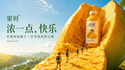 金黄芒果峡谷中的超现实果汁之旅 - AI图片提示词示例