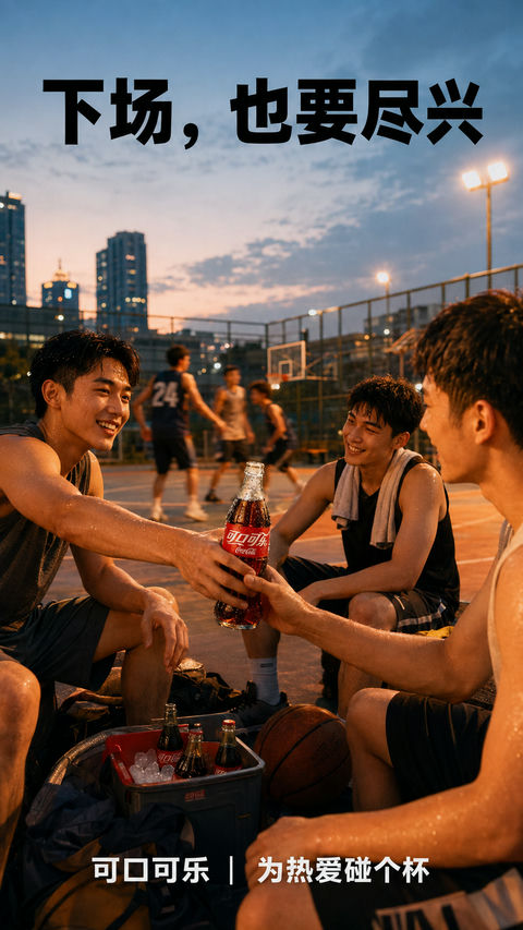 夏日球场余晖下的可口可乐时刻 - AI图片提示词示例