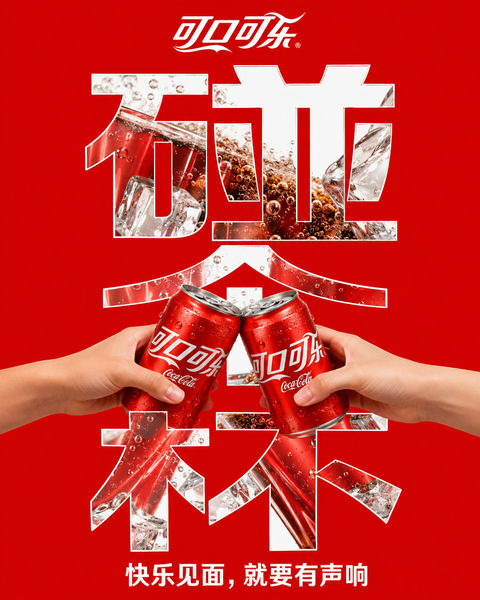 碰个杯：可口可乐创意汉字嵌入式海报 - AI图片提示词示例