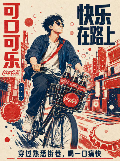可口可乐复古丝网印刷现代创意海报 - AI图片提示词示例