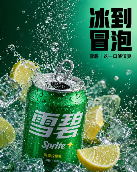 极简微距雪碧冰爽商业海报设计 - AI图片提示词示例