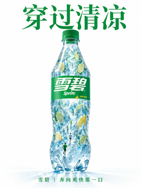 雪碧瓶中的微观清凉峡谷创意海报 - AI图片提示词示例