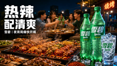 夏夜烧烤配冰镇雪碧：热辣与清爽的极致碰撞 - AI图片提示词示例
