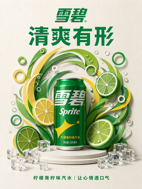 精致纸雕风格雪碧柠檬青柠创意海报 - AI图片提示词示例