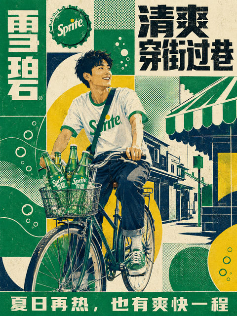 雪碧夏日街头复古孔版印刷海报 - AI图片提示词示例