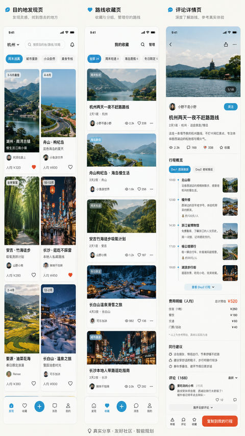 Z世代审美社区感旅行规划APP界面 - AI图片提示词示例