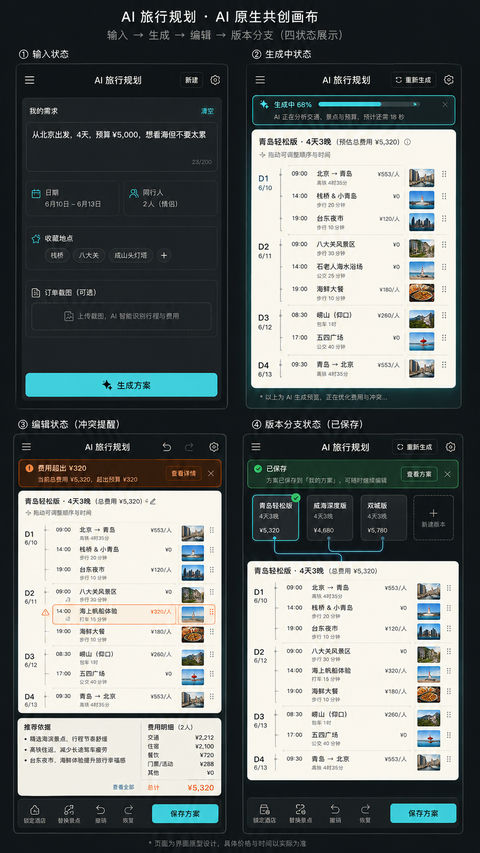 AI原生旅游规划App共创画布设计 - AI图片提示词示例