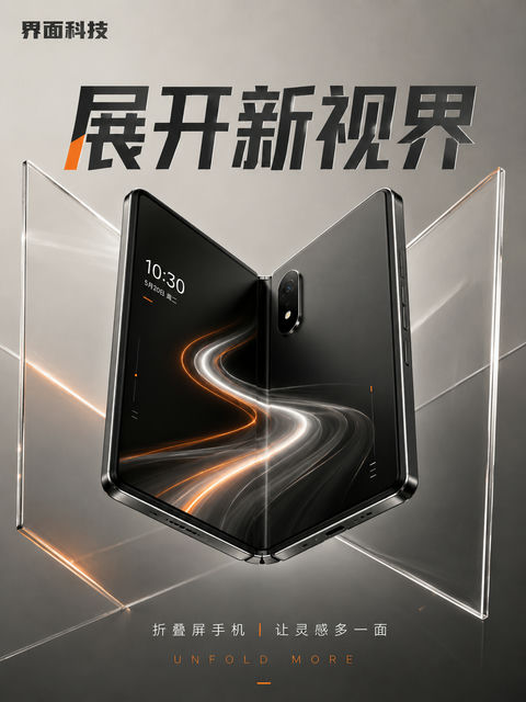 钛灰几何雕塑风折叠屏手机发布海报 - AI图片提示词示例