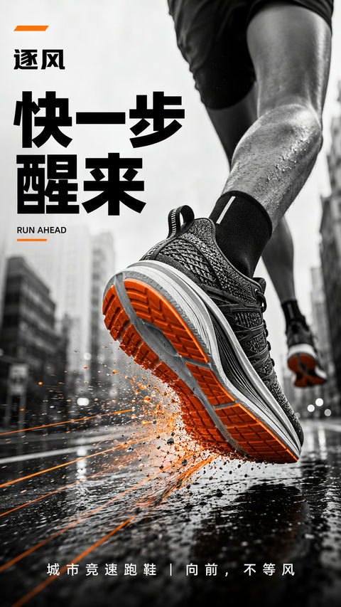 极简黑白街头竞速跑鞋商业海报 - AI图片提示词示例