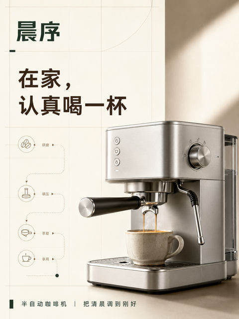极简瑞士工业风晨序咖啡机新品海报 - AI图片提示词示例