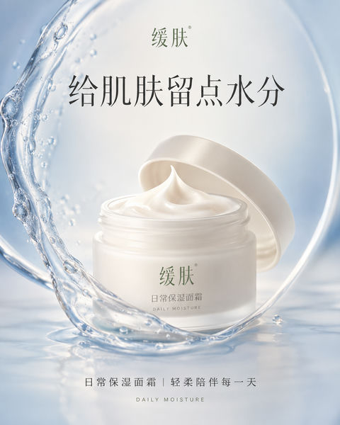 极简呼吸感：缓肤保湿面霜微距质感海报 - AI图片提示词示例