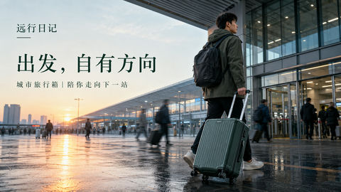 晨曦下的远行：城市旅行箱电影感商业海报 - AI图片提示词示例