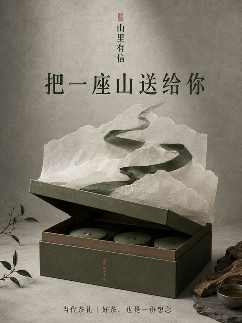 极简东方美学当代山形茶叶礼盒海报 - AI图片提示词示例