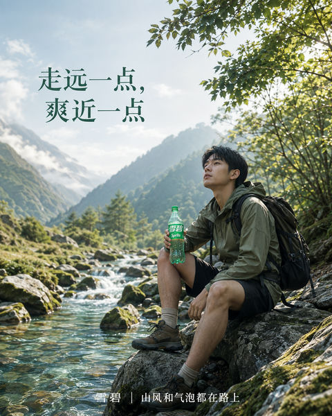 晨雾山谷雪碧徒步商业摄影海报 - AI图片提示词示例