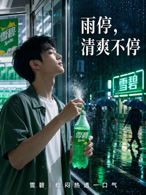 雪碧雨夜便利店清爽电影海报 - AI图片提示词示例