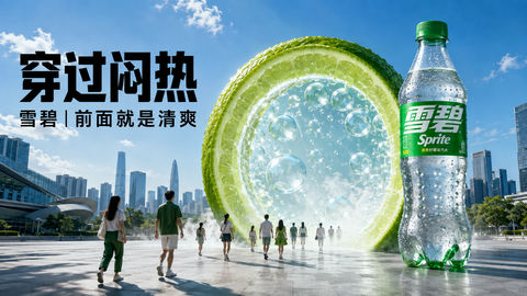 穿过酷热直抵雪碧清爽门户 - AI图片提示词示例