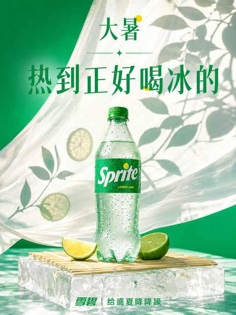 雪碧大暑节气海报热风穿过冰凉极简风 - AI图片提示词示例