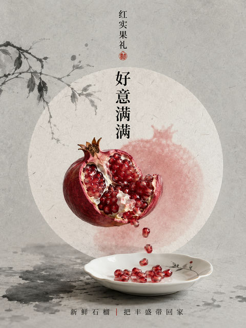 极简新中式石榴鲜果礼赠海报设计 - AI图片提示词示例