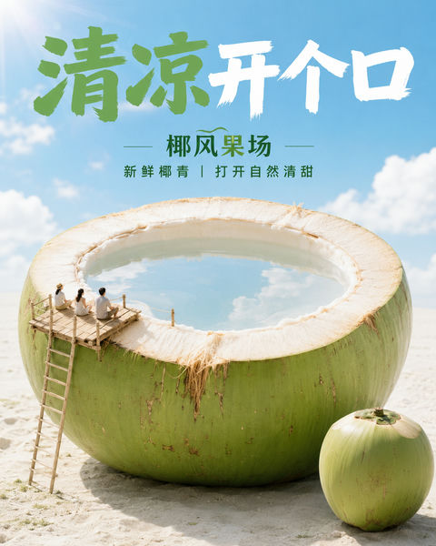 创意椰青海报超现实微缩景观构图 - AI图片提示词示例