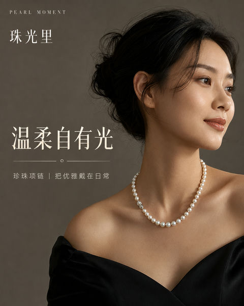 东方韵味珍珠项链高端杂志商业海报 - AI图片提示词示例
