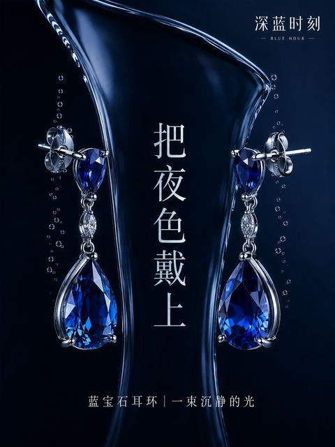 深蓝时刻：微距水膜下的蓝宝石耳环美学 - AI图片提示词示例