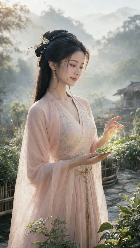 灵药宫晨露仙子：唐风幻想仙侠少女写真 - AI图片提示词示例