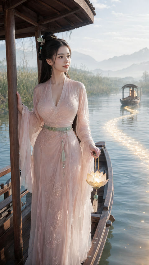莲舟渡灵：唐风幻想水乡女修写真 - AI图片提示词示例