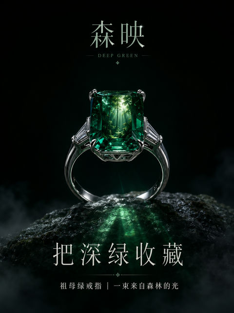 幽邃森境祖母绿钻戒商业海报 - AI图片提示词示例