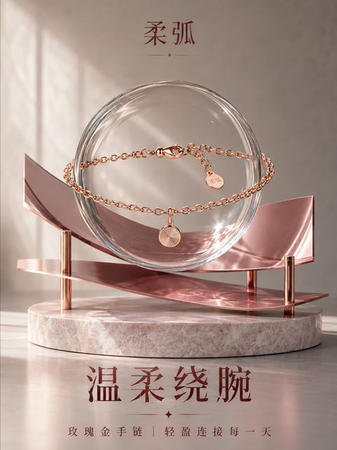 柔弧玫瑰金手链：现代艺术装置商业大片 - AI图片提示词示例