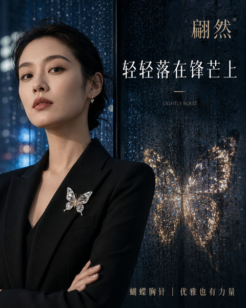 轻轻落在锋芒上：雨夜霓虹蝴蝶胸针商业大片 - AI图片提示词示例