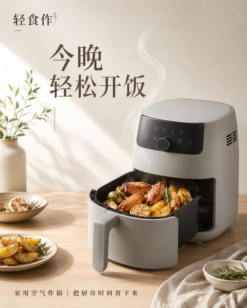 极简美学空气炸锅商业美食海报设计 - AI图片提示词示例