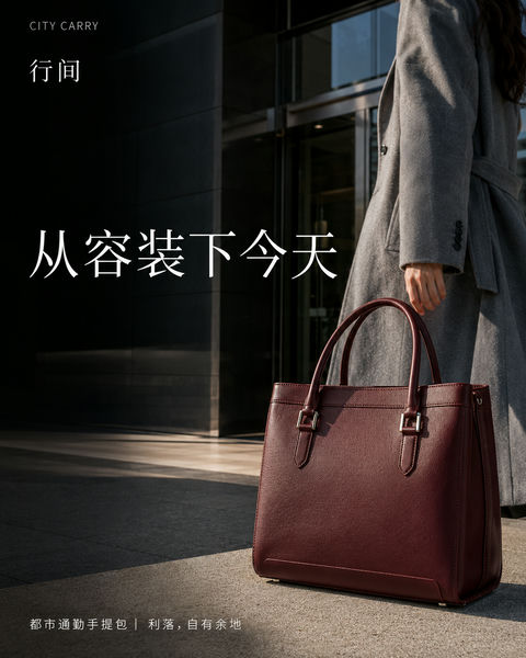 极简都市风深酒红手提包商业海报 - AI图片提示词示例