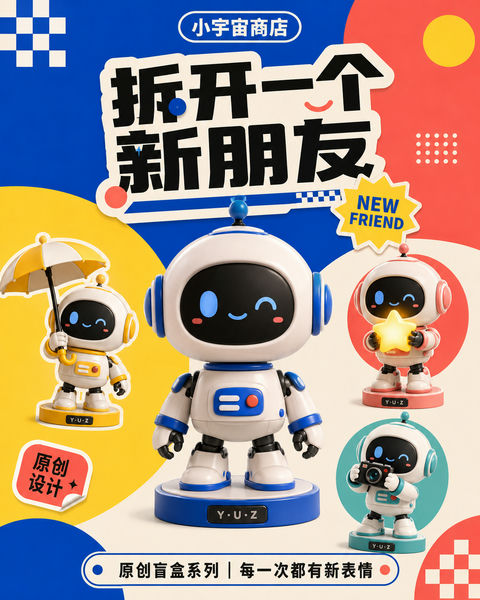 孟菲斯潮流风原创机器人盲盒海报 - AI图片提示词示例