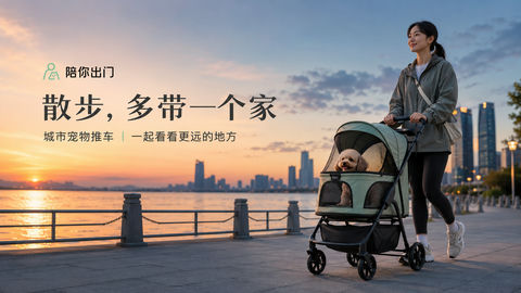 夕阳下城市水岸宠物推车商业海报 - AI图片提示词示例