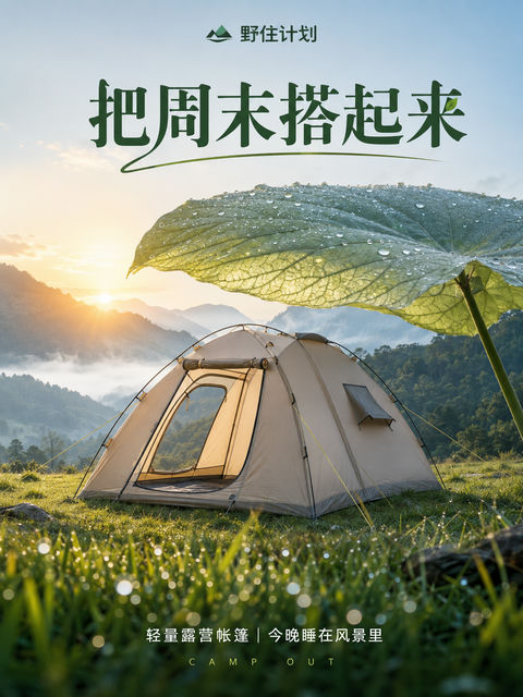 巨叶之下野趣营地轻量帐篷商业海报 - AI图片提示词示例