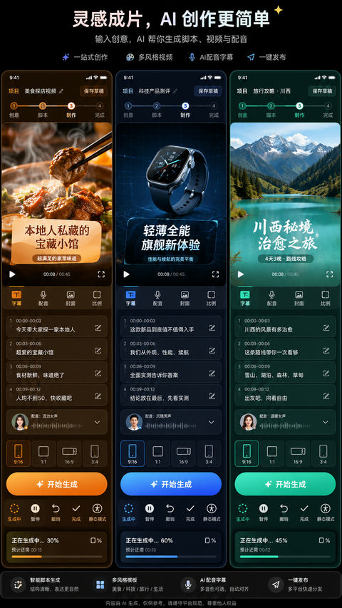 智能短视频创作APP高保真UI界面设计 - AI图片提示词示例