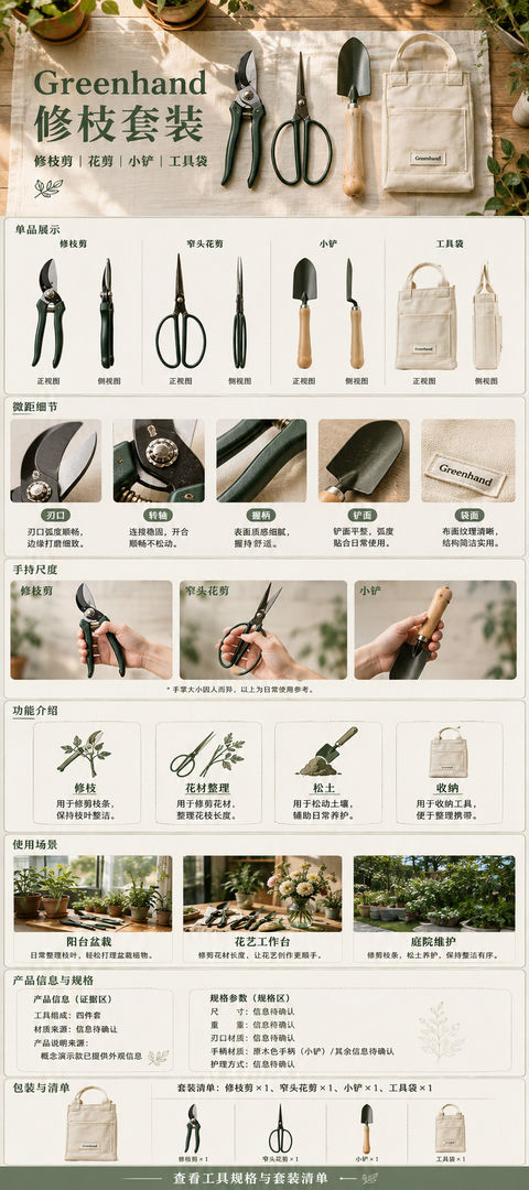森系美学Greenhand园艺工具套装电商长图详情页 - AI图片提示词示例
