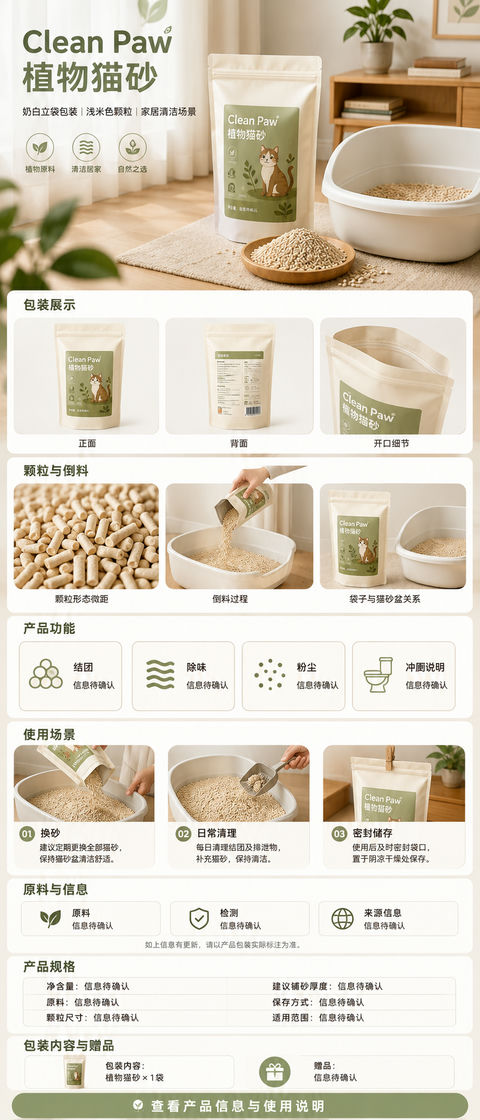 极简风Clean Paw植物猫砂详情页设计 - AI图片提示词示例