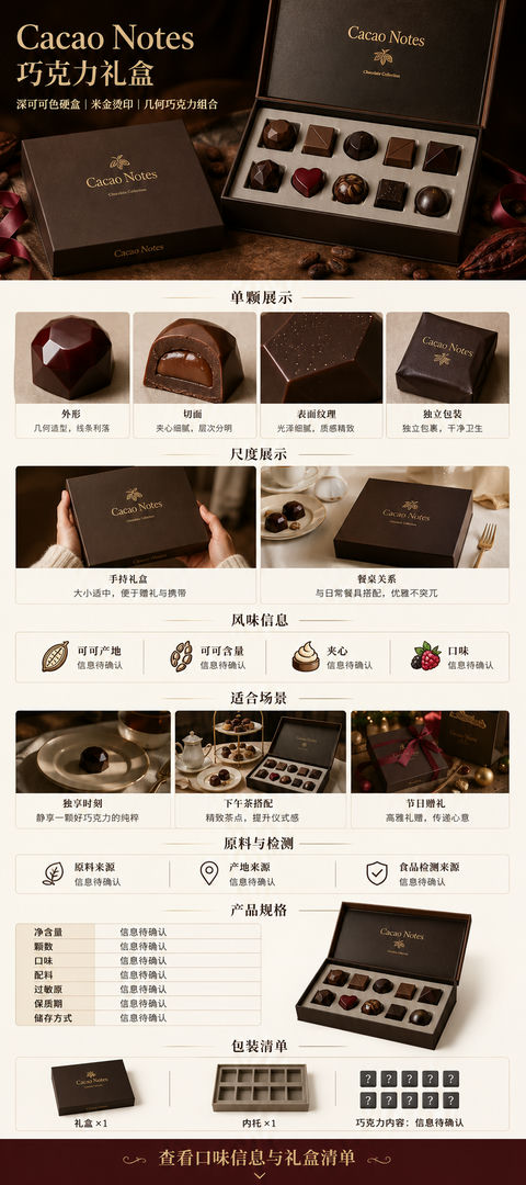 Cacao Notes巧克力礼盒精品电商详情页 - AI图片提示词示例