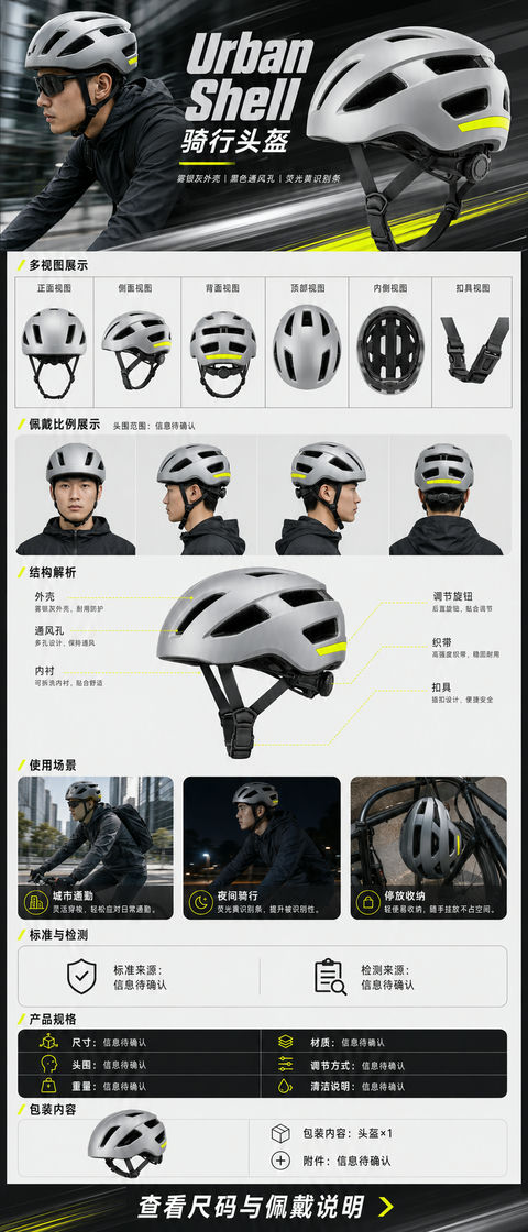 都市极速雾银灰骑行头盔电商详情页设计 - AI图片提示词示例