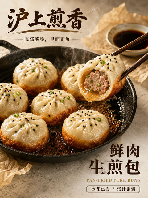 沪上煎香：金黄焦底鲜肉生煎包商业海报 - AI图片提示词示例