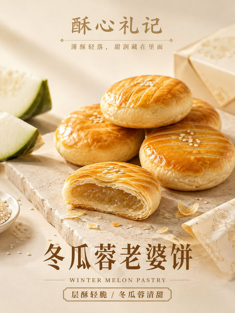 中式点心冬瓜蓉老婆饼高级商业海报 - AI图片提示词示例