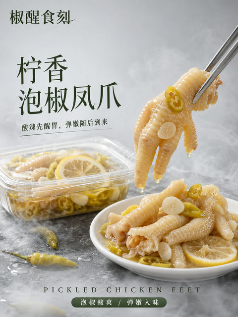 椒醒食刻柠香泡椒凤爪高端商业海报 - AI图片提示词示例