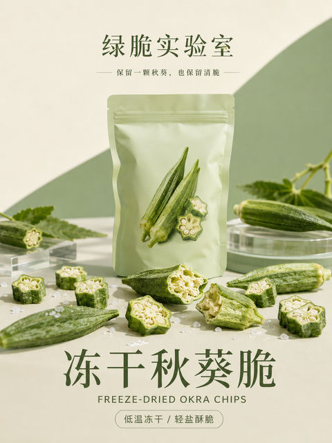 极简美学冻干秋葵商业摄影海报 - AI图片提示词示例